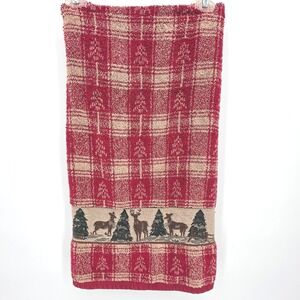 Vintage Santens Plaid Christmas Deer Trees Red Tan Jacquard Bath Towel Cotton